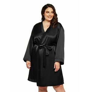 Plus Classic Black Robe Womens 1x 3X Mid Length Satin Long Sleeve Lingerie